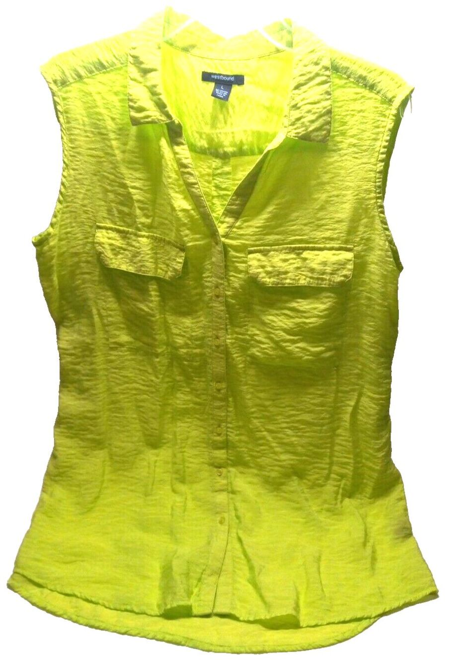 Crinkley Sleeveless Button Blouse Size Large Double Chest Pockets Westbound